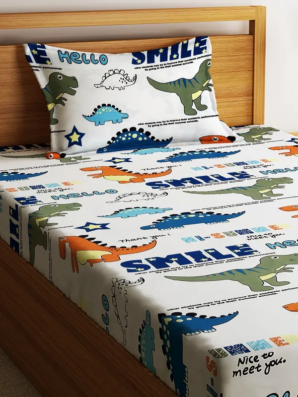 Home_Sizzler_144TC_Kid's_Dinosours_Single_Bedsheet_With_1_Pillow_Cover