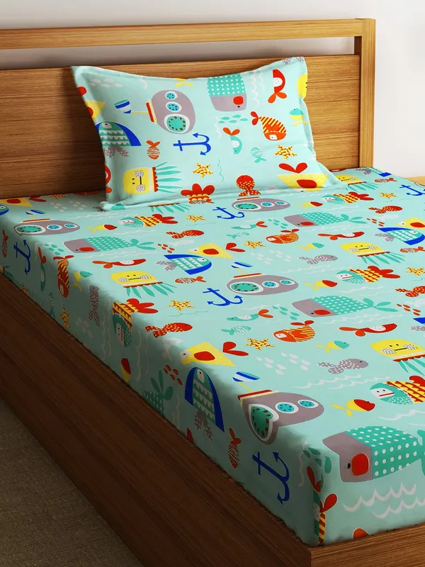 144_TC_Microfibre_Kid's_Aquatic_Animals_Single_Bedsheet_with_1_Pillow_Cover