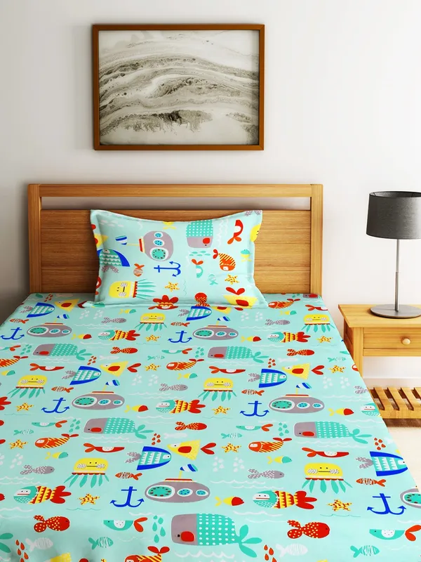 144_TC_Microfibre_Kid's_Aquatic_Animals_Single_Bedsheet_with_1_Pillow_Cover