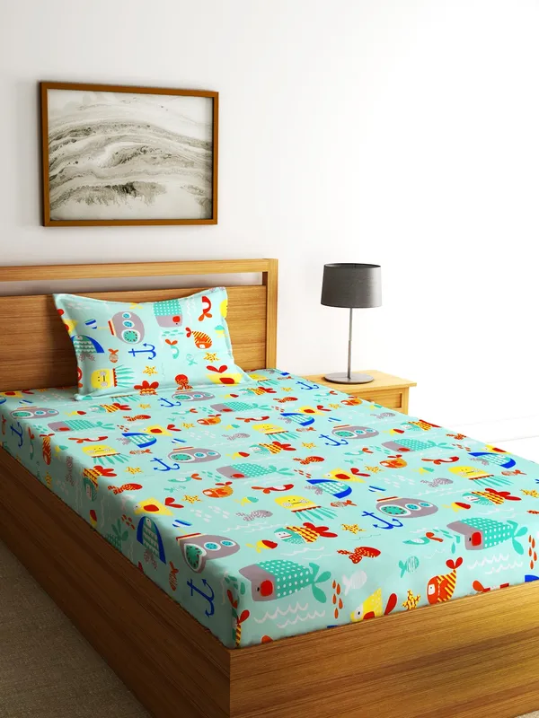 144_TC_Microfibre_Kid's_Aquatic_Animals_Single_Bedsheet_with_1_Pillow_Cover