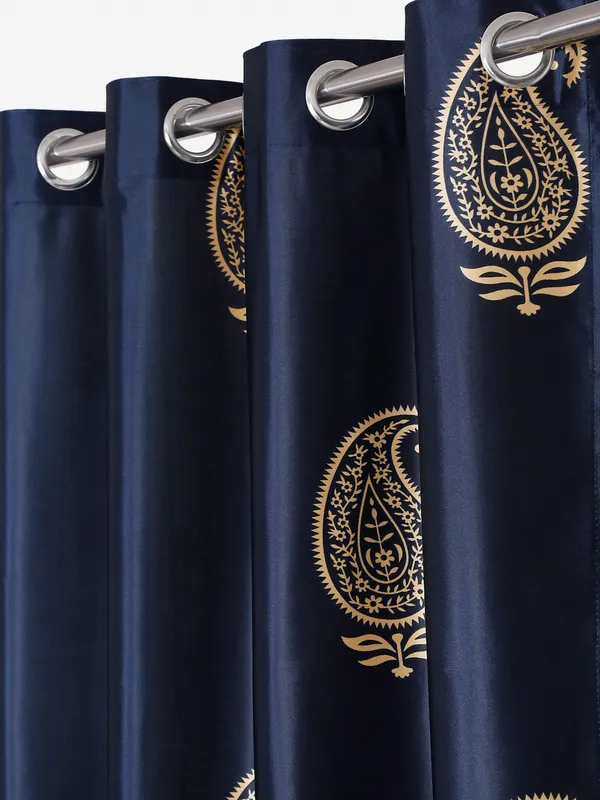 2_Pieces_Hand_Block_Gold_Paisley_Printed_Eyelet_Polyester_Long_Door_Curtains-9_Feet,_Blue