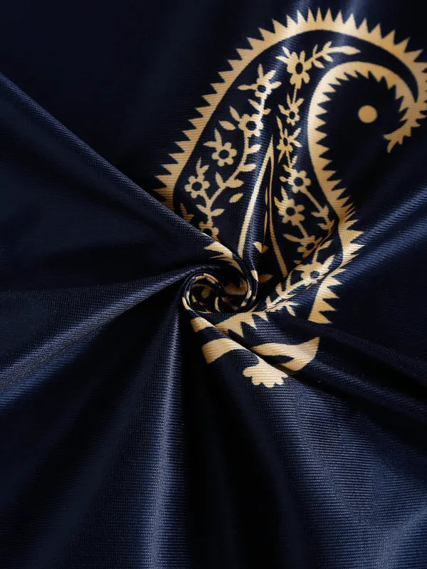 2_Pieces_Hand_Block_Gold_Paisley_Printed_Eyelet_Polyester_Long_Door_Curtains-9_Feet,_Blue