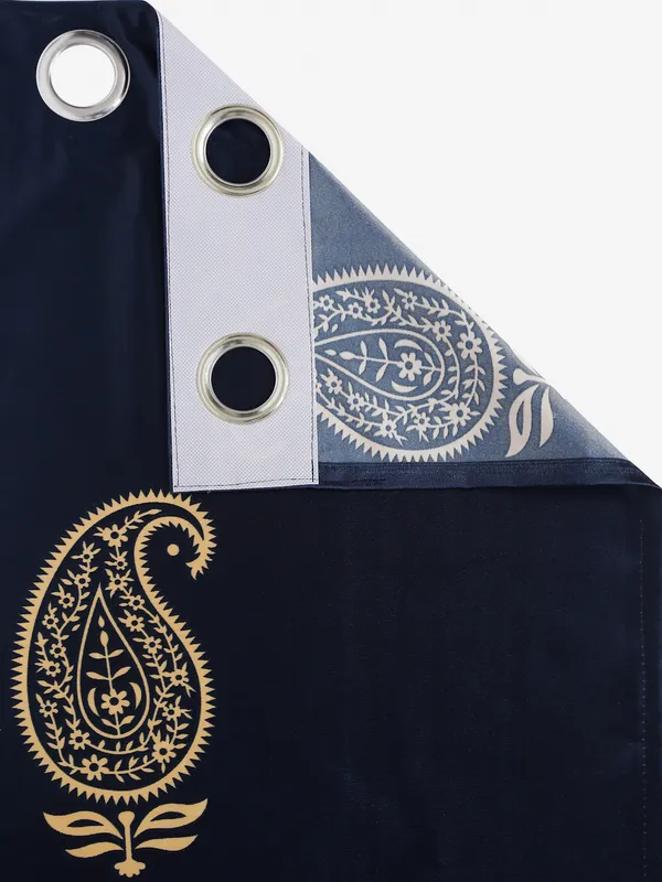2_Pieces_Hand_Block_Gold_Paisley_Printed_Eyelet_Polyester_Long_Door_Curtains-9_Feet,_Blue
