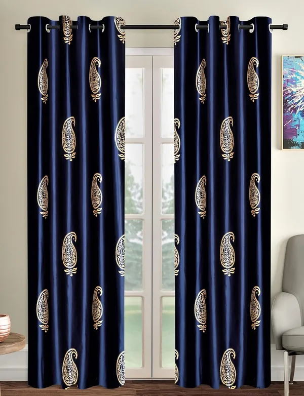 2_Pieces_Hand_Block_Gold_Paisley_Printed_Eyelet_Polyester_Long_Door_Curtains-9_Feet,_Blue
