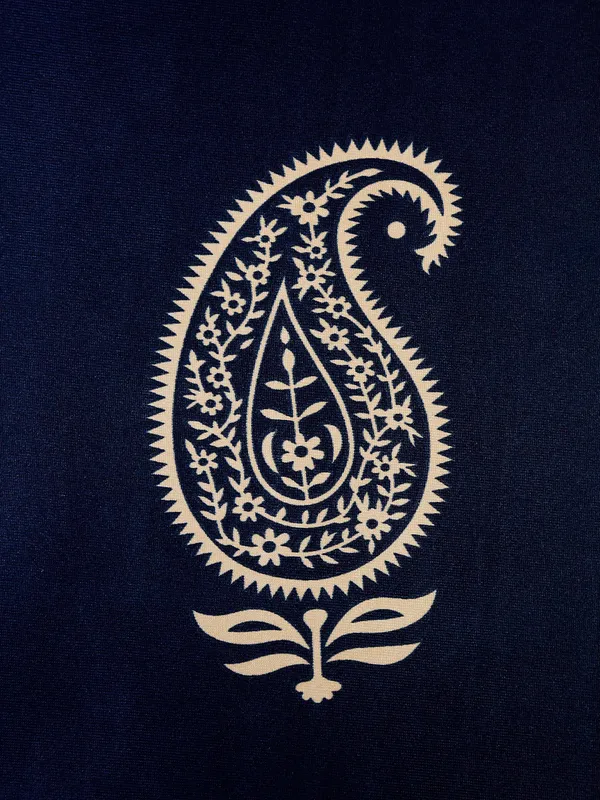 2_Pieces_Hand_Block_Gold_Paisley_Printed_Eyelet_Polyester_Long_Door_Curtains-9_Feet,_Blue