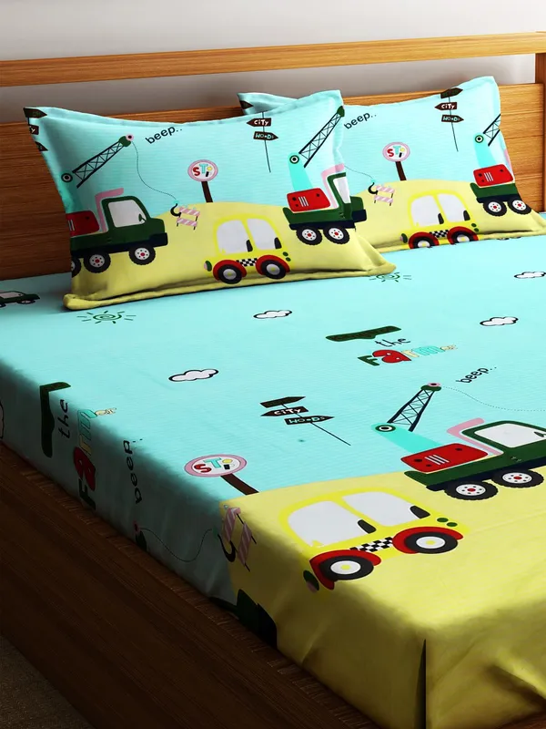 Microfibre_144TC_Kid's_Truck_Light_Green_Double_Bedsheet_With_2_King_Size_Pillow_Covers
