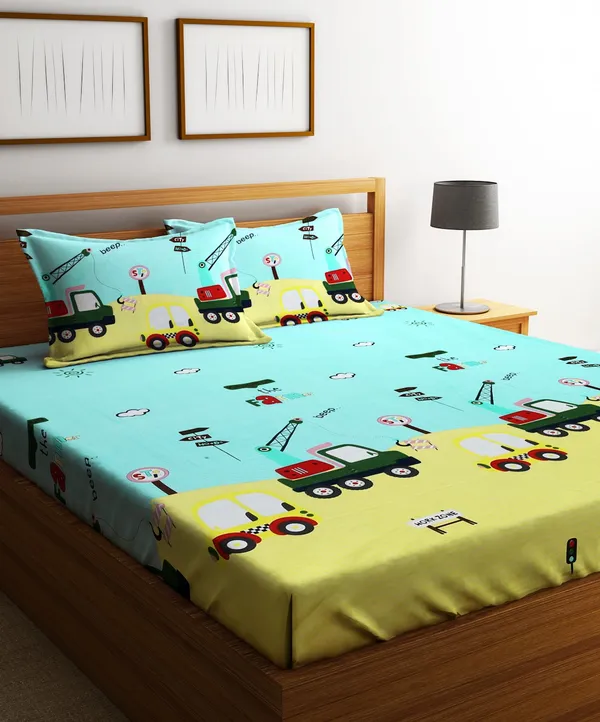 Microfibre_144TC_Kid's_Truck_Light_Green_Double_Bedsheet_With_2_King_Size_Pillow_Covers