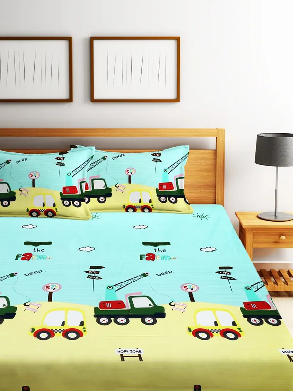 Microfibre_144TC_Kid's_Truck_Light_Green_Double_Bedsheet_With_2_King_Size_Pillow_Covers
