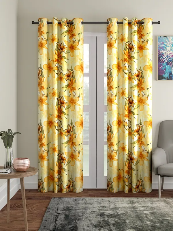 2_Pieces_Lily_Flower_Eyelet_Polyester_Curtains_-Yellow