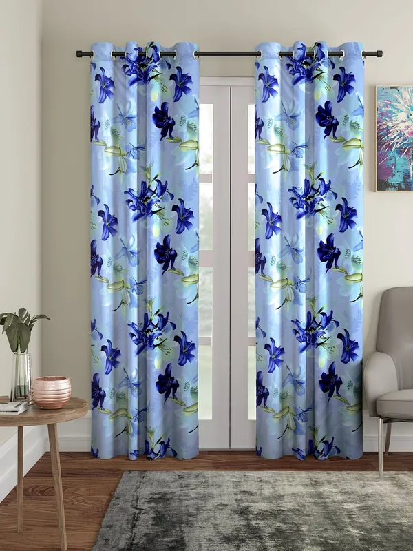 2_Pieces_3D_Flower_Eyelet_Polyester_Curtains_-_Blue