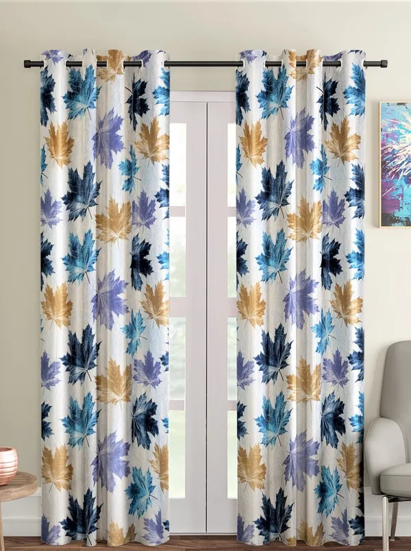 2_Pieces_3D_Maple_Eyelet_Polyester_Curtains_-_Blue