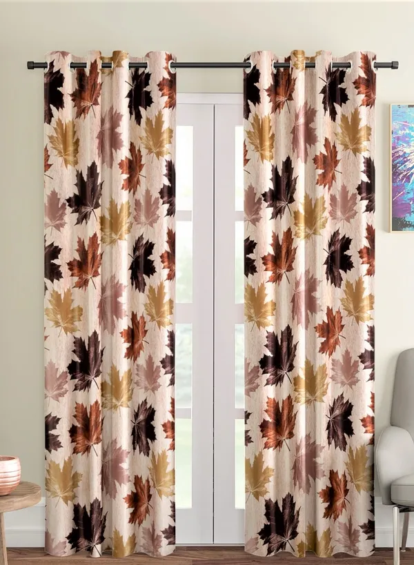 2_Pieces_3D_Maple_Eyelet_Polyester_Curtains_-_Brown