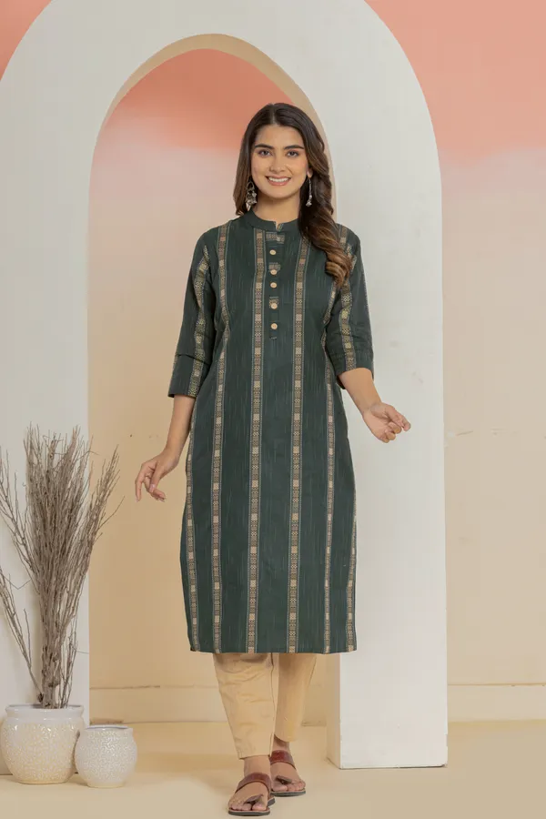 Dark_Green_Khadi_Cotton_Woven_Kurta_Pant_Set_for_Women