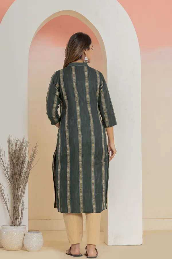 Dark_Green_Khadi_Cotton_Woven_Kurta_Pant_Set_for_Women