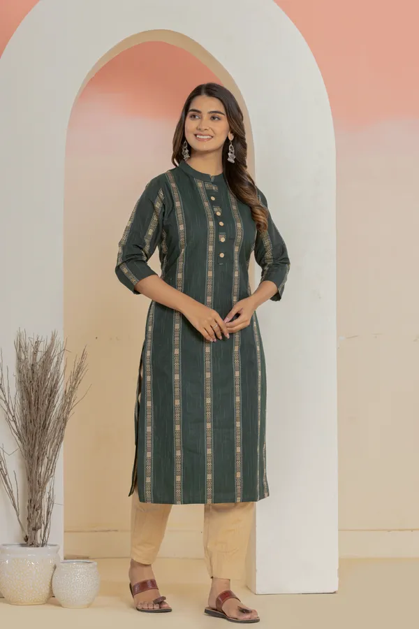 Dark_Green_Khadi_Cotton_Woven_Kurta_Pant_Set_for_Women