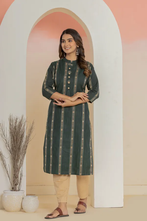 Dark_Green_Khadi_Cotton_Woven_Kurta_Pant_Set_for_Women
