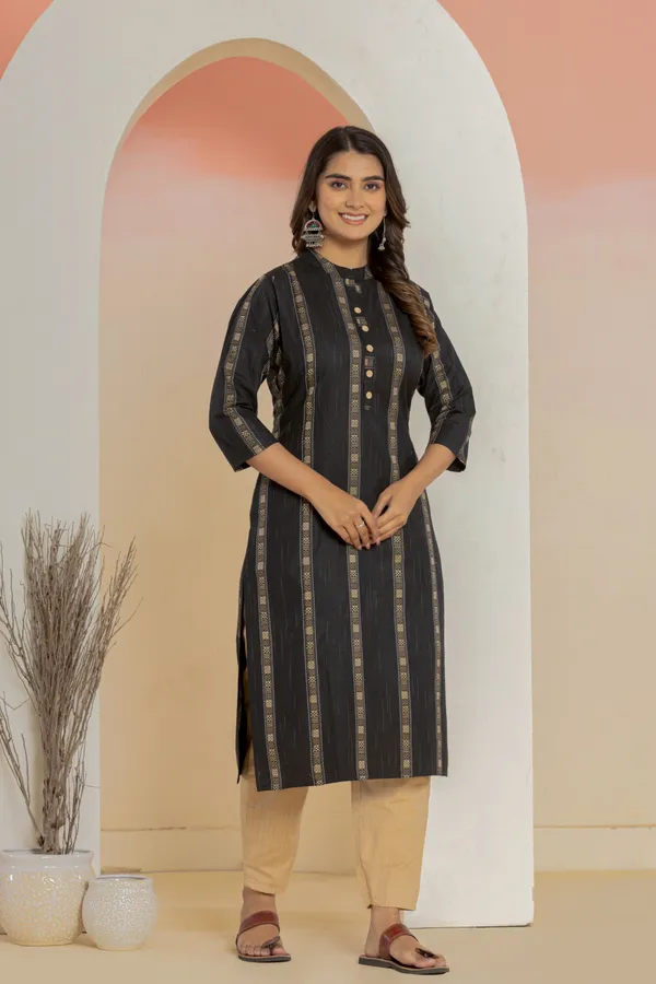 Black_Khadi_Cotton_Woven_Kurta_Pant_Set_for_Women