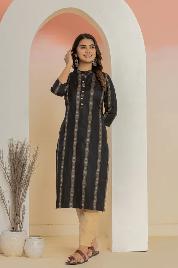 Black_Khadi_Cotton_Woven_Kurta_Pant_Set_for_Women