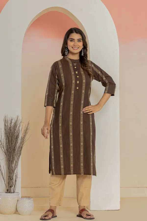 Brown_Khadi_Cotton_Woven_Kurta_Pant_Set_for_Women