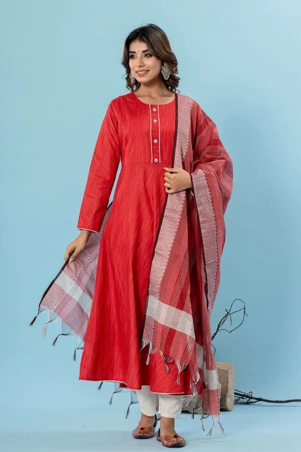 Red_Pure_Cotton_Solid_&_Self_Design_Gown_Pant_Dupatta_Set_for_Women