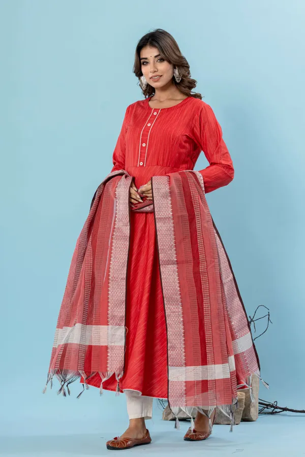 Red_Pure_Cotton_Solid_&_Self_Design_Gown_Pant_Dupatta_Set_for_Women