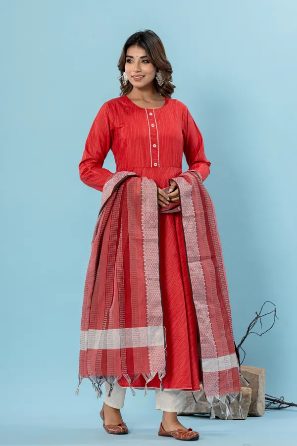 Red_Pure_Cotton_Solid_&_Self_Design_Gown_Pant_Dupatta_Set_for_Women