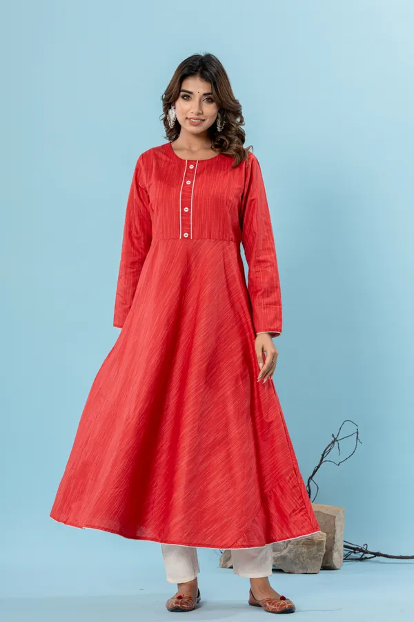 Red_Pure_Cotton_Solid_&_Self_Design_Gown_Pant_Dupatta_Set_for_Women