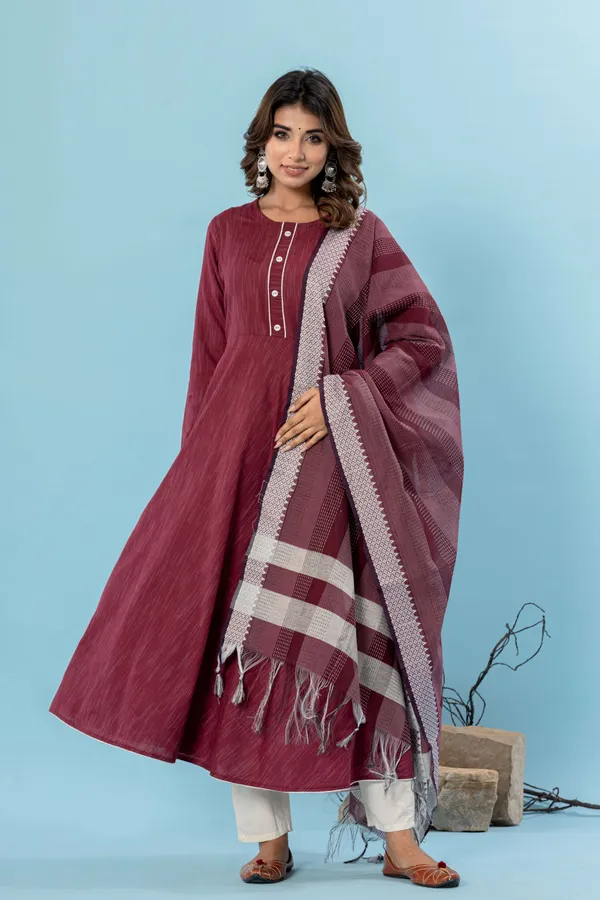Maroon_Pure_Cotton_Solid_&_Self_Design_Gown_Pant_Dupatta_Set_for_Women