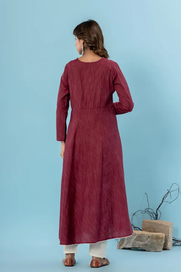 Maroon_Pure_Cotton_Solid_&_Self_Design_Gown_Pant_Dupatta_Set_for_Women