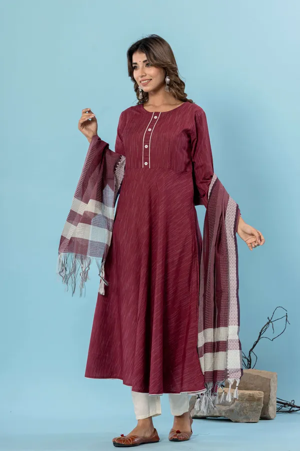 Maroon_Pure_Cotton_Solid_&_Self_Design_Gown_Pant_Dupatta_Set_for_Women