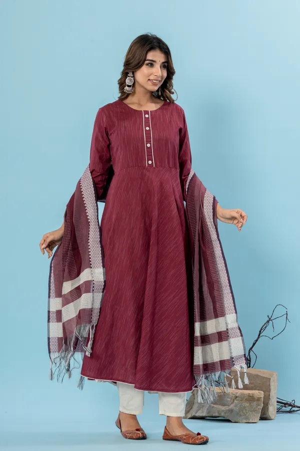 Maroon_Pure_Cotton_Solid_&_Self_Design_Gown_Pant_Dupatta_Set_for_Women