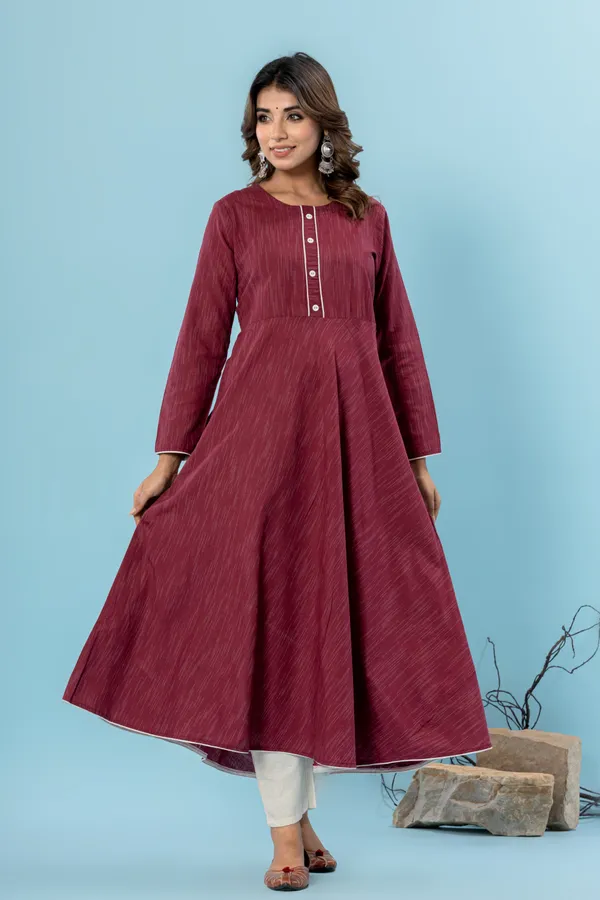 Maroon_Pure_Cotton_Solid_&_Self_Design_Gown_Pant_Dupatta_Set_for_Women