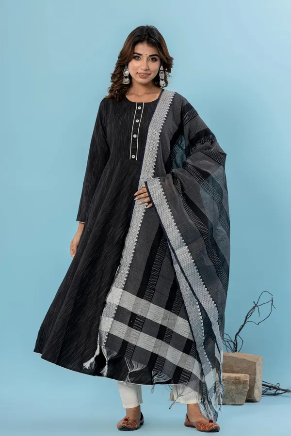 Black_Pure_Cotton_Solid_&_Self_Design_Gown_Pant_Dupatta_Set_for_Women