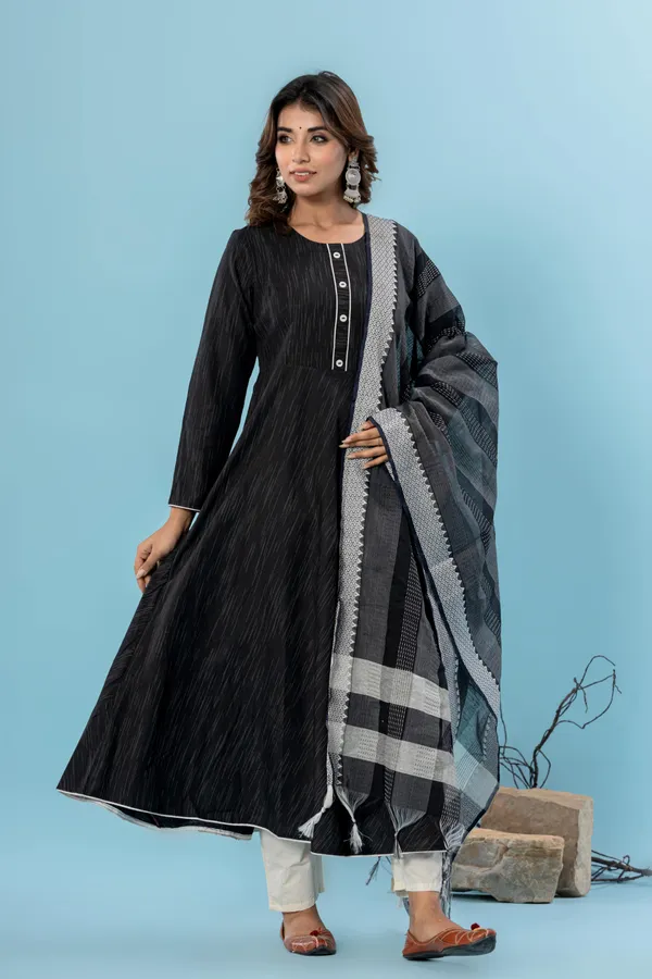 Black_Pure_Cotton_Solid_&_Self_Design_Gown_Pant_Dupatta_Set_for_Women