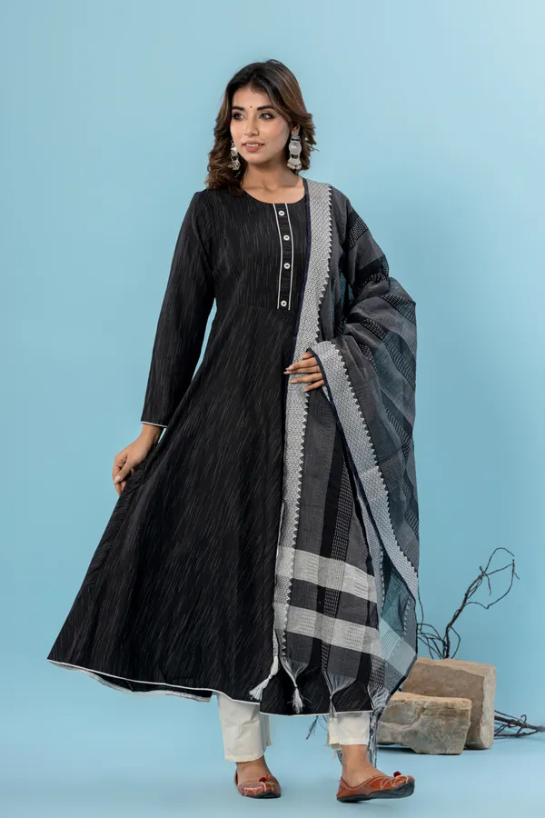 Black_Pure_Cotton_Solid_&_Self_Design_Gown_Pant_Dupatta_Set_for_Women