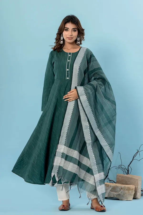 Dark_Green_Pure_Cotton_Solid_&_Self_Design_Gown_Pant_Dupatta_Set_for_Women