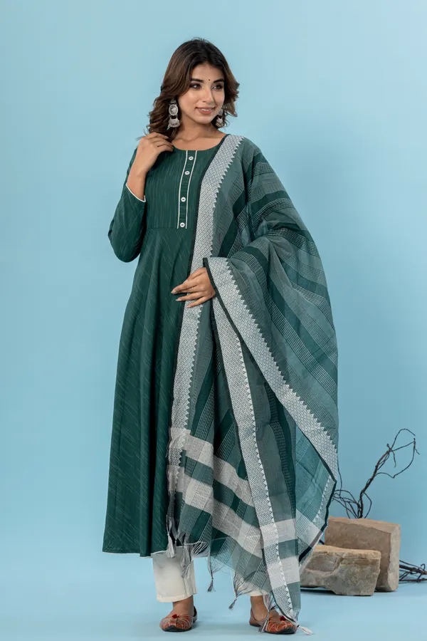 Dark_Green_Pure_Cotton_Solid_&_Self_Design_Gown_Pant_Dupatta_Set_for_Women