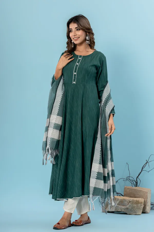 Dark_Green_Pure_Cotton_Solid_&_Self_Design_Gown_Pant_Dupatta_Set_for_Women