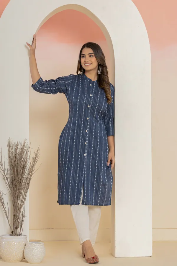 Dark_Blue_Khadi_Cotton_Woven_Kurta_Pant_Set_for_Women