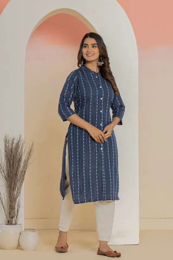 Dark_Blue_Khadi_Cotton_Woven_Kurta_Pant_Set_for_Women