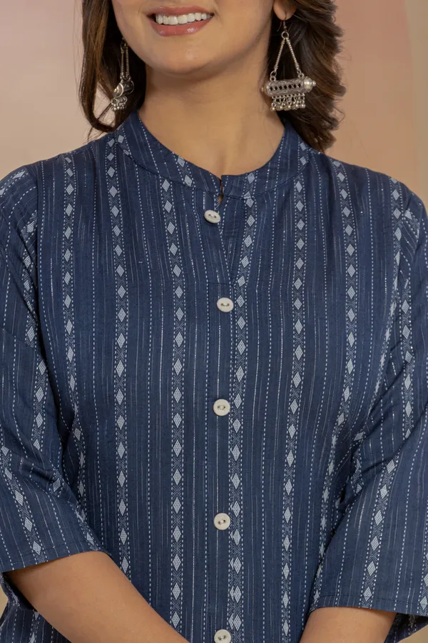 Dark_Blue_Khadi_Cotton_Woven_Kurta_Pant_Set_for_Women