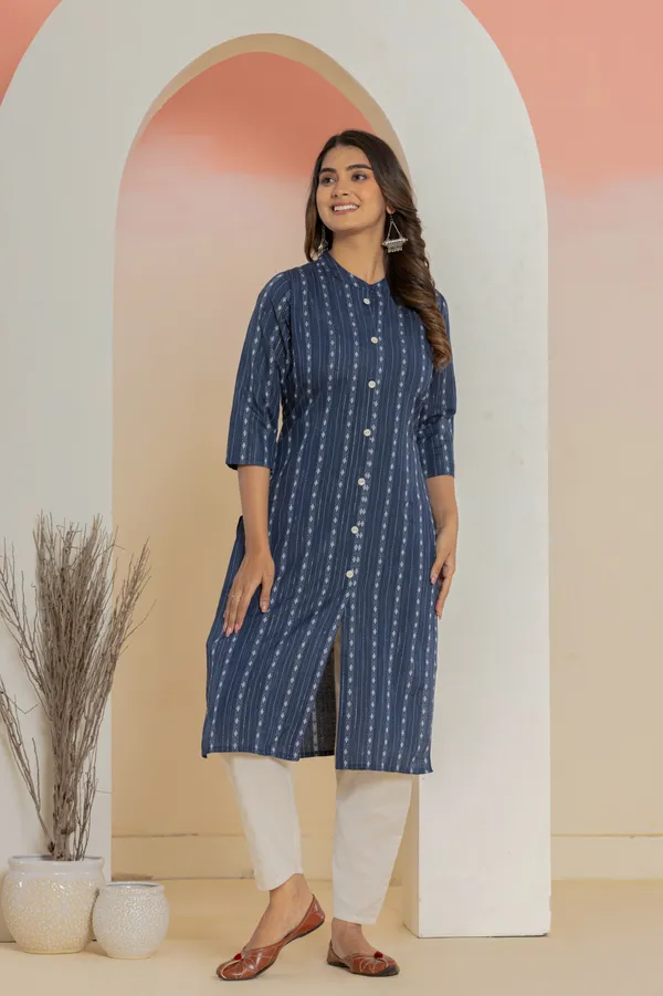 Dark_Blue_Khadi_Cotton_Woven_Kurta_Pant_Set_for_Women