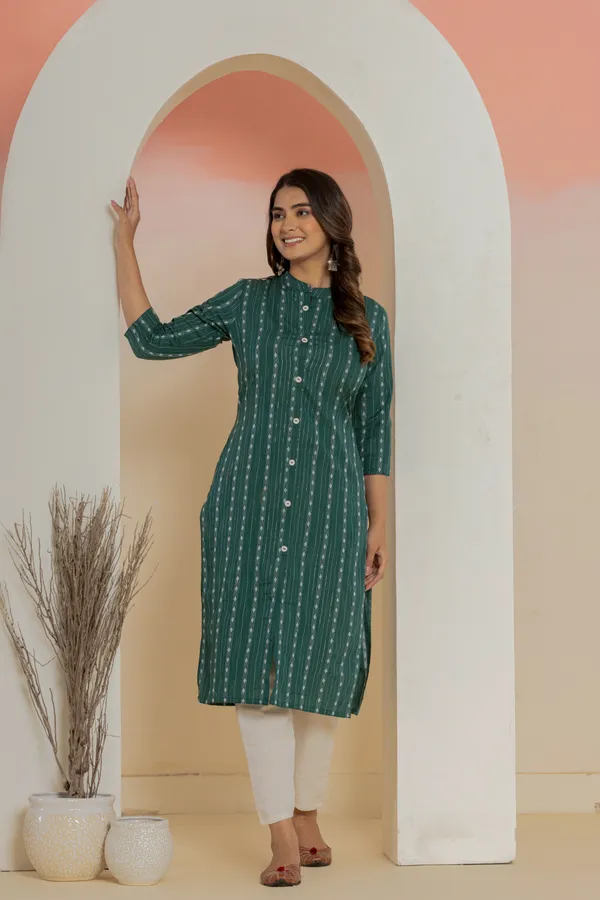 Dark_Green_Khadi_Cotton_Woven_Kurta_Pant_Set_for_Women