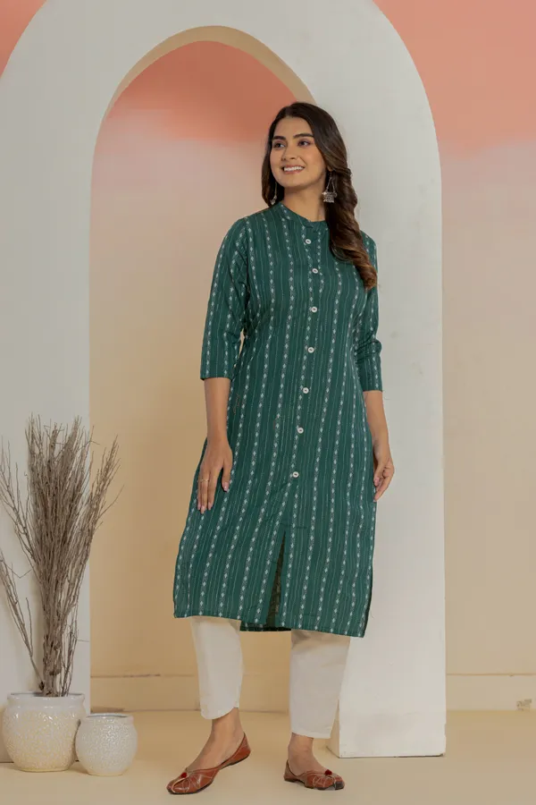 Dark_Green_Khadi_Cotton_Woven_Kurta_Pant_Set_for_Women