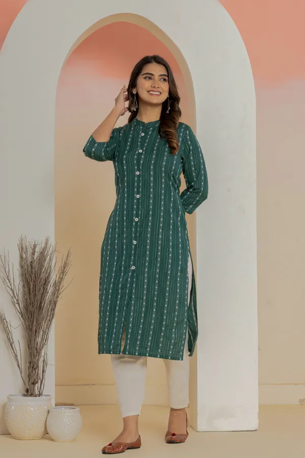 Dark_Green_Khadi_Cotton_Woven_Kurta_Pant_Set_for_Women