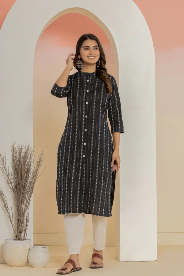 Black_Khadi_Cotton_Woven_Kurta_Pant_Set_for_Women