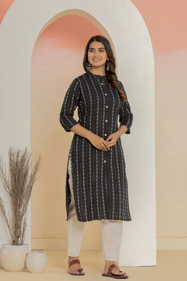 Black_Khadi_Cotton_Woven_Kurta_Pant_Set_for_Women