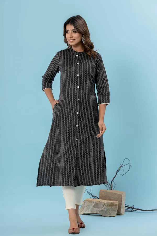 Black_&_White_Pure_Cotton_Striped_A-line_Kurti_for_Women