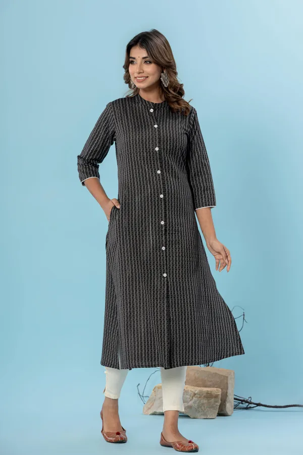 Black_&_White_Pure_Cotton_Striped_A-line_Kurti_for_Women