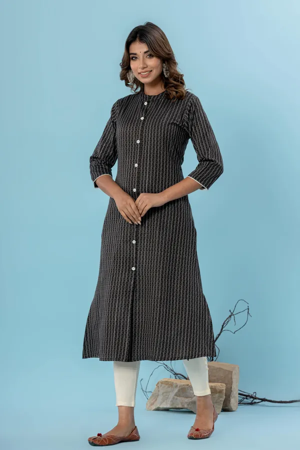 Black_&_White_Pure_Cotton_Striped_A-line_Kurti_for_Women